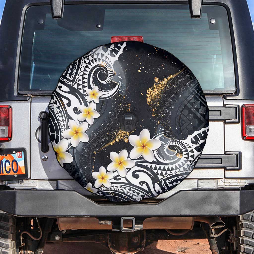 Polynesian Tribal Tattoo Spare Tire Cover Plumeria Black Gold Marble Pattern