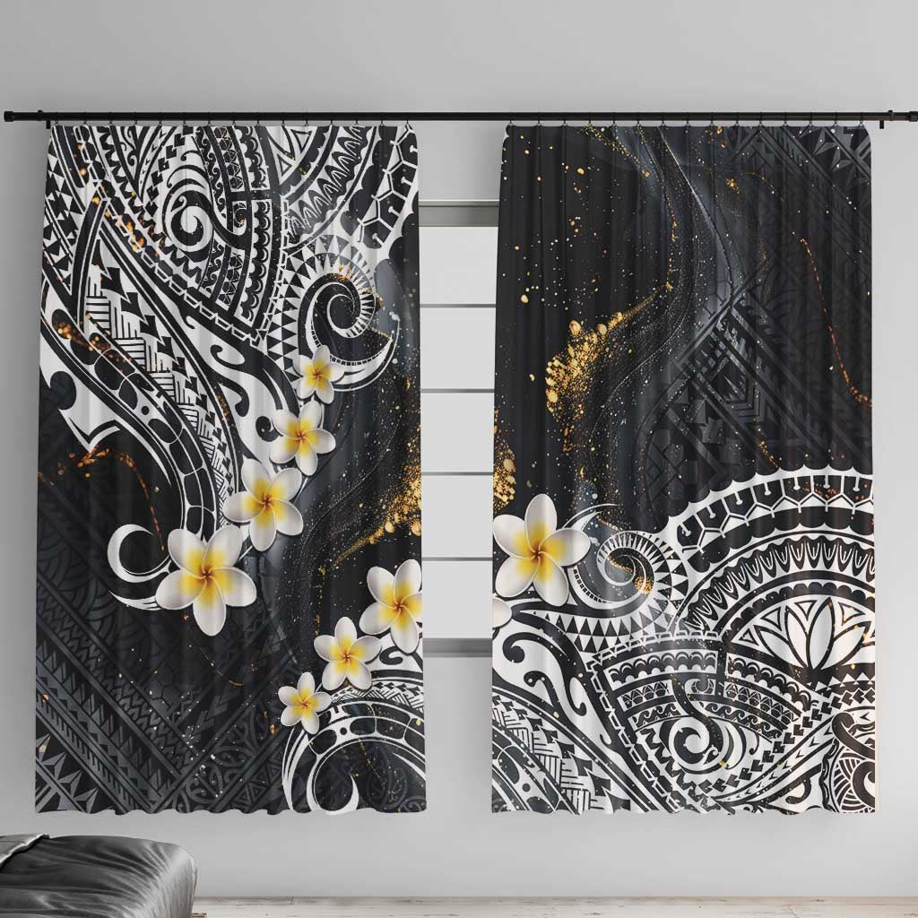 Polynesian Tribal Tattoo Window Curtain Plumeria Black Gold Marble Pattern LT9 With Hooks Black - Polynesian Pride