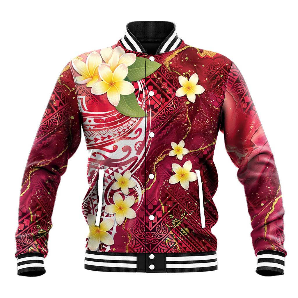 Polynesian Tribal Tattoo Baseball Jacket Plumeria Blood Red and Gold Marble Pattern LT9 Unisex Red - Polynesian Pride