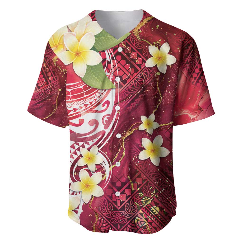 Polynesian Tribal Tattoo Baseball Jersey Plumeria Blood Red and Gold Marble Pattern