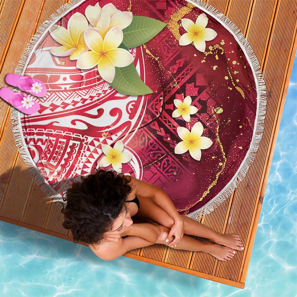 Polynesian Tribal Tattoo Beach Blanket Plumeria Blood Red and Gold Marble Pattern