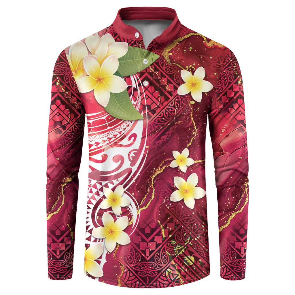 Polynesian Tribal Tattoo Button Sweatshirt Plumeria Blood Red and Gold Marble Pattern LT9 Red - Polynesian Pride