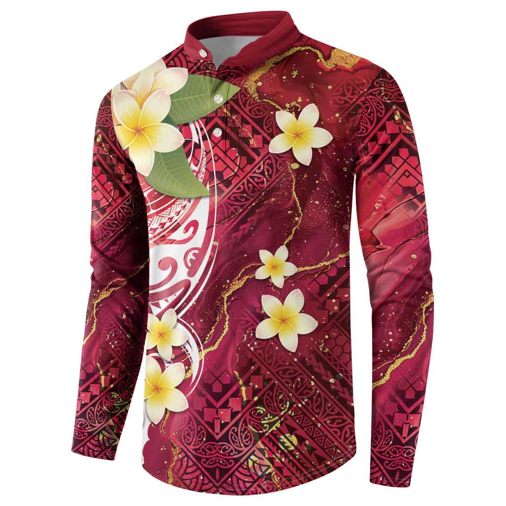Polynesian Tribal Tattoo Button Sweatshirt Plumeria Blood Red and Gold Marble Pattern LT9 - Polynesian Pride