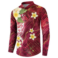Polynesian Tribal Tattoo Button Sweatshirt Plumeria Blood Red and Gold Marble Pattern LT9 - Polynesian Pride