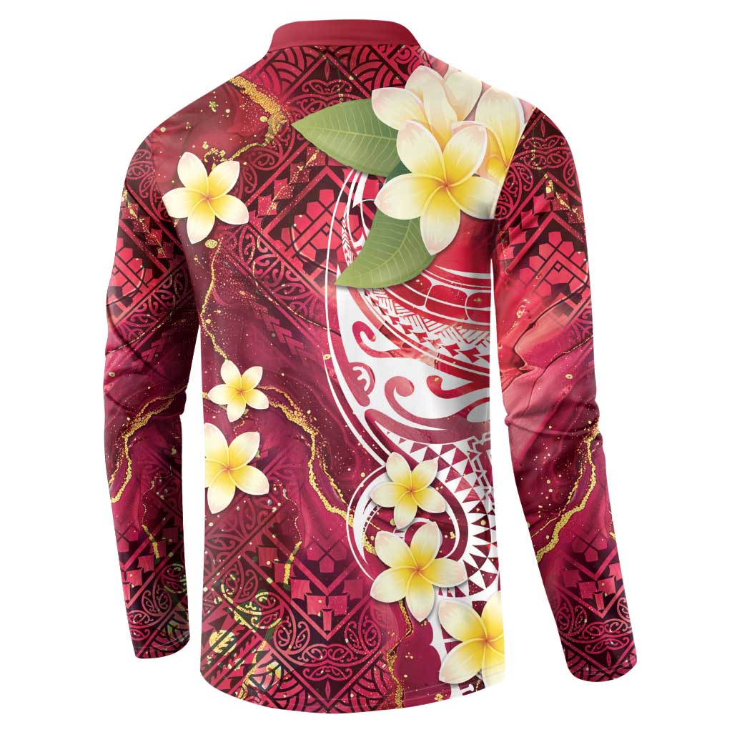 Polynesian Tribal Tattoo Button Sweatshirt Plumeria Blood Red and Gold Marble Pattern LT9 - Polynesian Pride