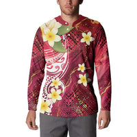 Polynesian Tribal Tattoo Button Sweatshirt Plumeria Blood Red and Gold Marble Pattern LT9 - Polynesian Pride