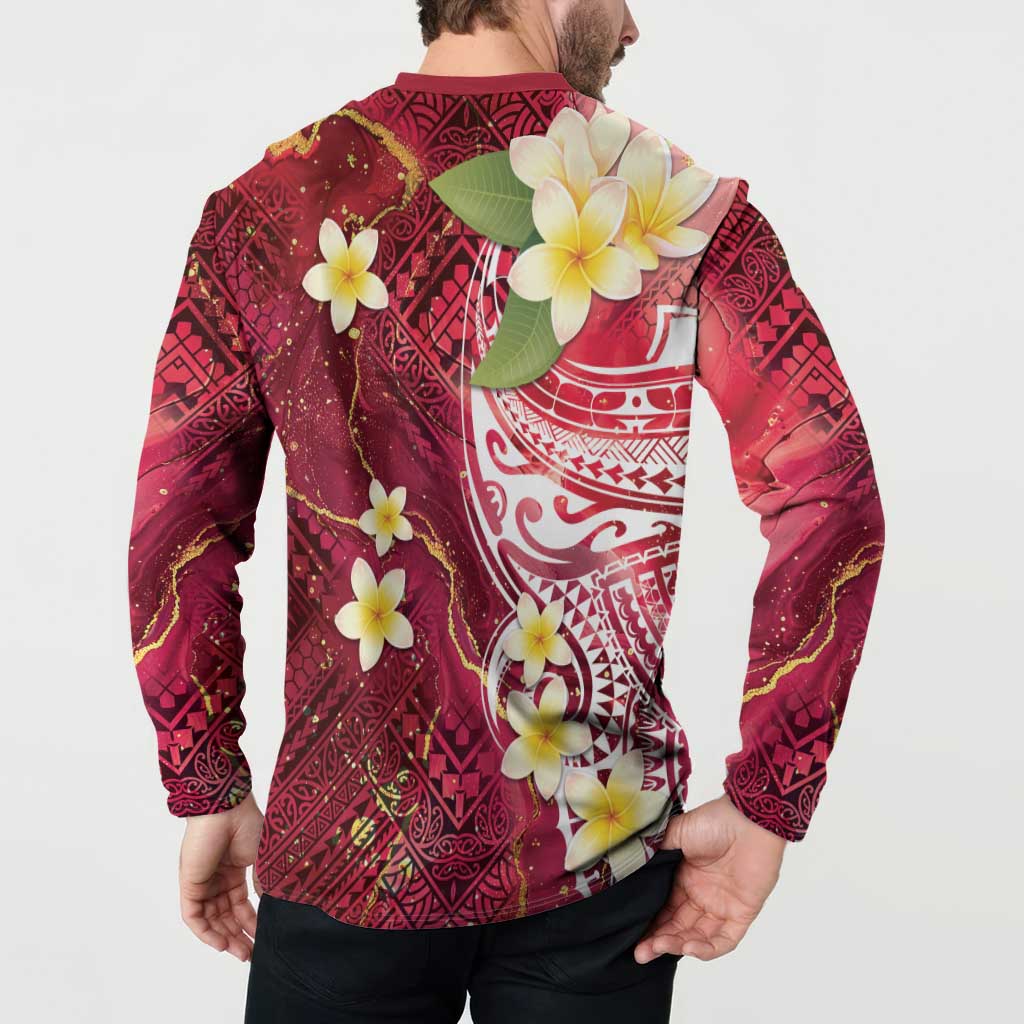 Polynesian Tribal Tattoo Button Sweatshirt Plumeria Blood Red and Gold Marble Pattern LT9 - Polynesian Pride