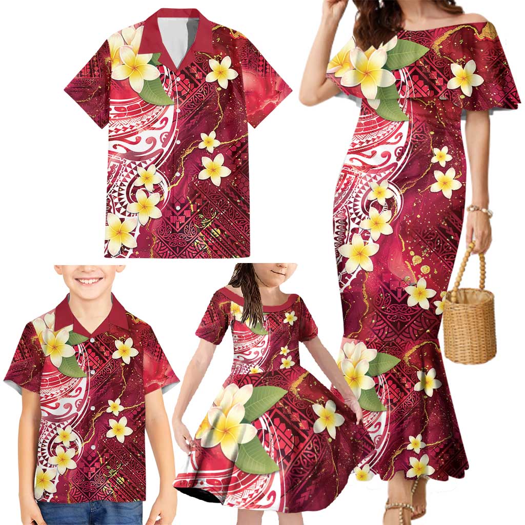 Polynesian Tribal Tattoo Family Matching Mermaid Dress and Hawaiian Shirt Plumeria Blood Red and Gold Marble Pattern