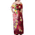 Polynesian Tribal Tattoo Off Shoulder Maxi Dress Plumeria Blood Red and Gold Marble Pattern