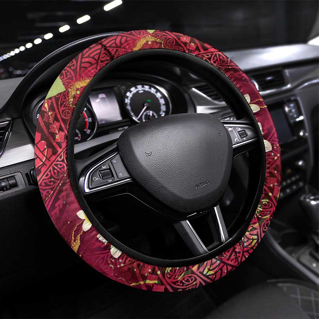 Polynesian Tribal Tattoo Steering Wheel Cover Plumeria Blood Red and Gold Marble Pattern