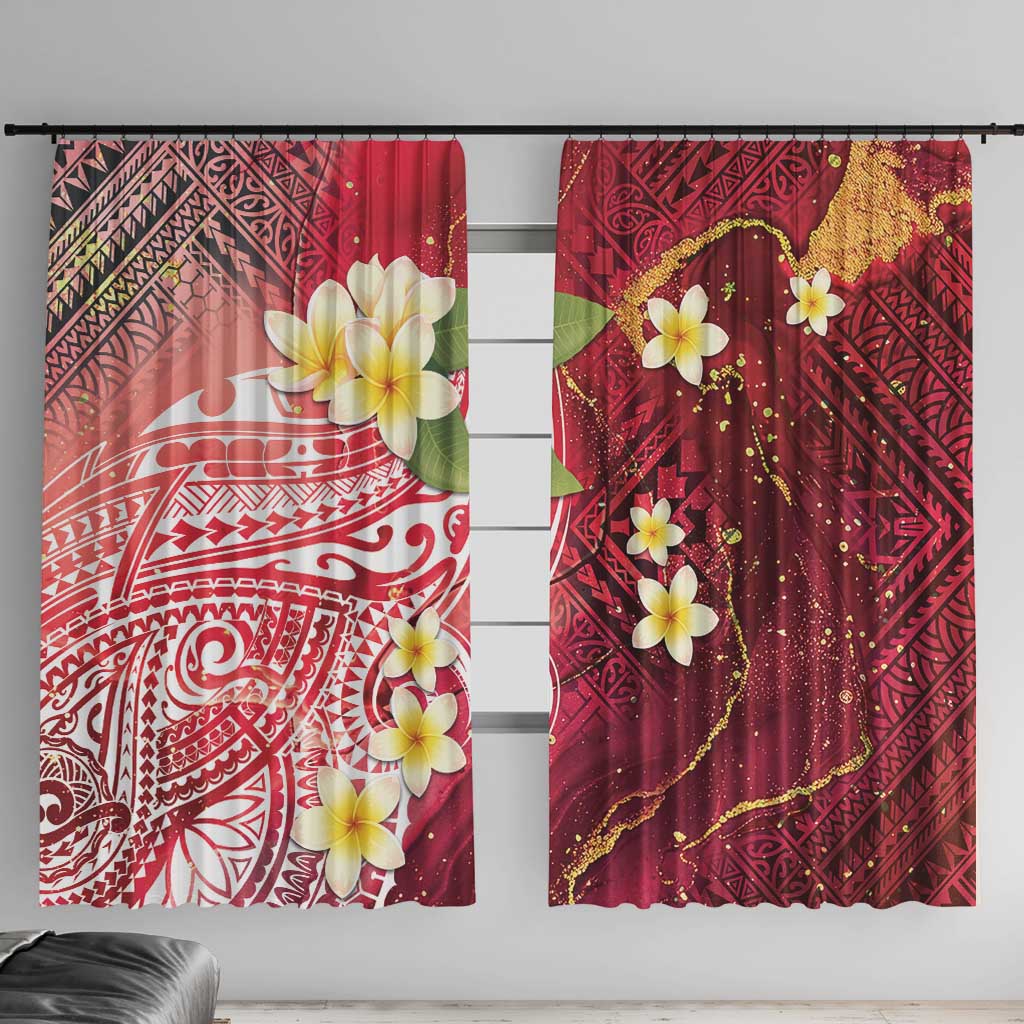 Polynesian Tribal Tattoo Window Curtain Plumeria Blood Red and Gold Marble Pattern LT9 With Hooks Red - Polynesian Pride
