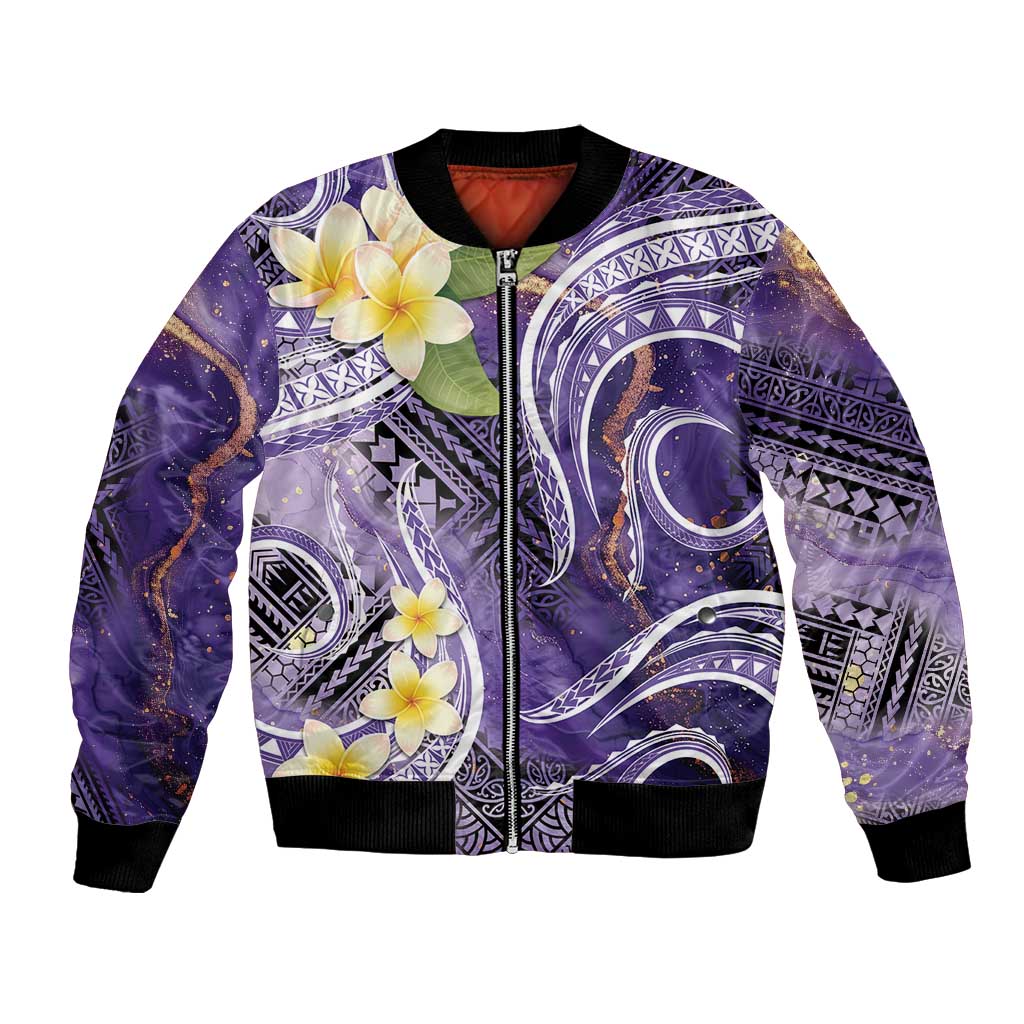 Polynesian Tribal Tattoo Bomber Jacket Plumeria Purple Marble Pattern LT9 Unisex Purple - Polynesian Pride