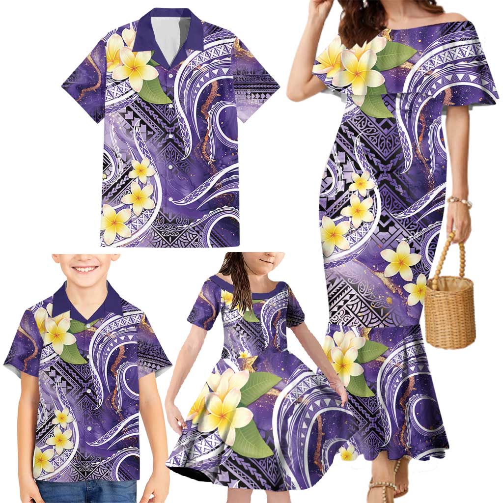 Polynesian Tribal Tattoo Family Matching Mermaid Dress and Hawaiian Shirt Plumeria Purple Marble Pattern