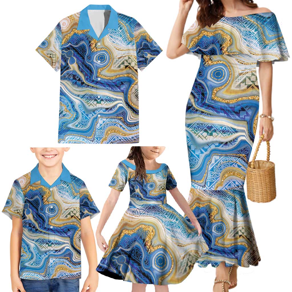 Polynesian Tribal Tattoo Family Matching Mermaid Dress and Hawaiian Shirt Swirling Ocean Marble Pattern