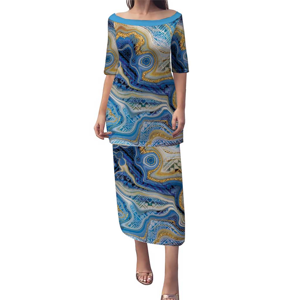 Polynesian Tribal Tattoo Puletasi Swirling Ocean Marble Pattern LT9 Long Dress Ocean - Polynesian Pride