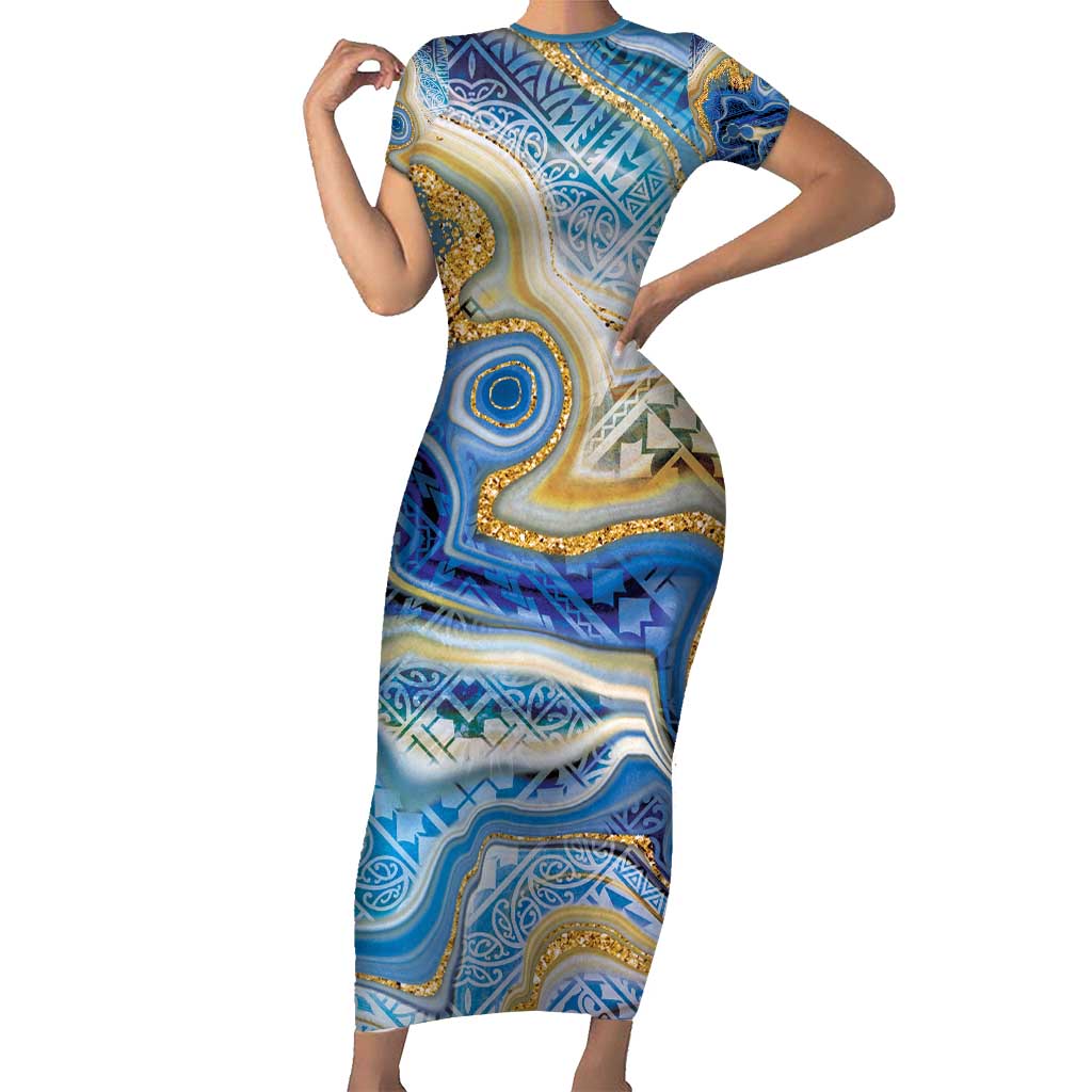 Polynesian Tribal Tattoo Short Sleeve Bodycon Dress Swirling Ocean Marble Pattern LT9 Long Dress Ocean - Polynesian Pride