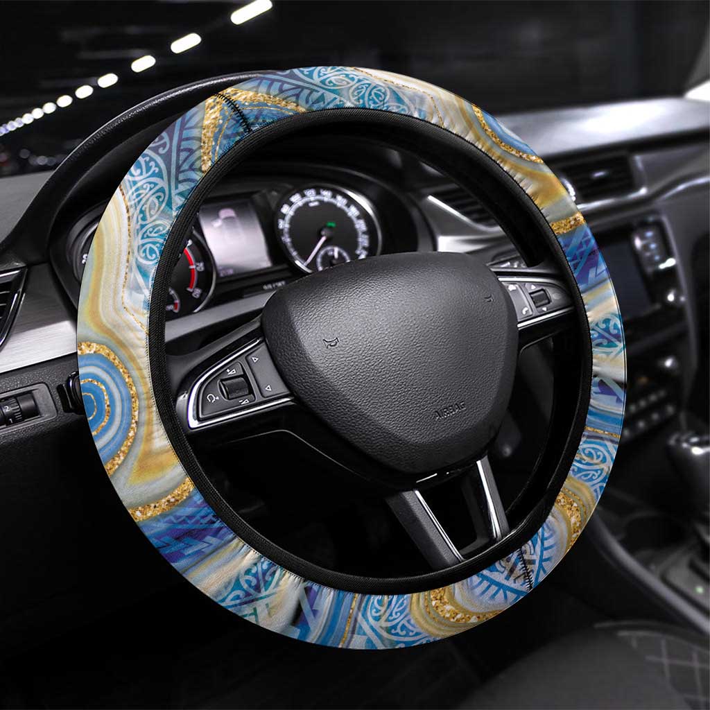 Polynesian Tribal Tattoo Steering Wheel Cover Swirling Ocean Marble Pattern