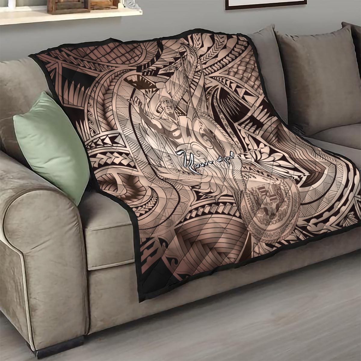Personalised Aloha King Kamehameha Spirits Quilt Beige Special LT9 - Polynesian Pride