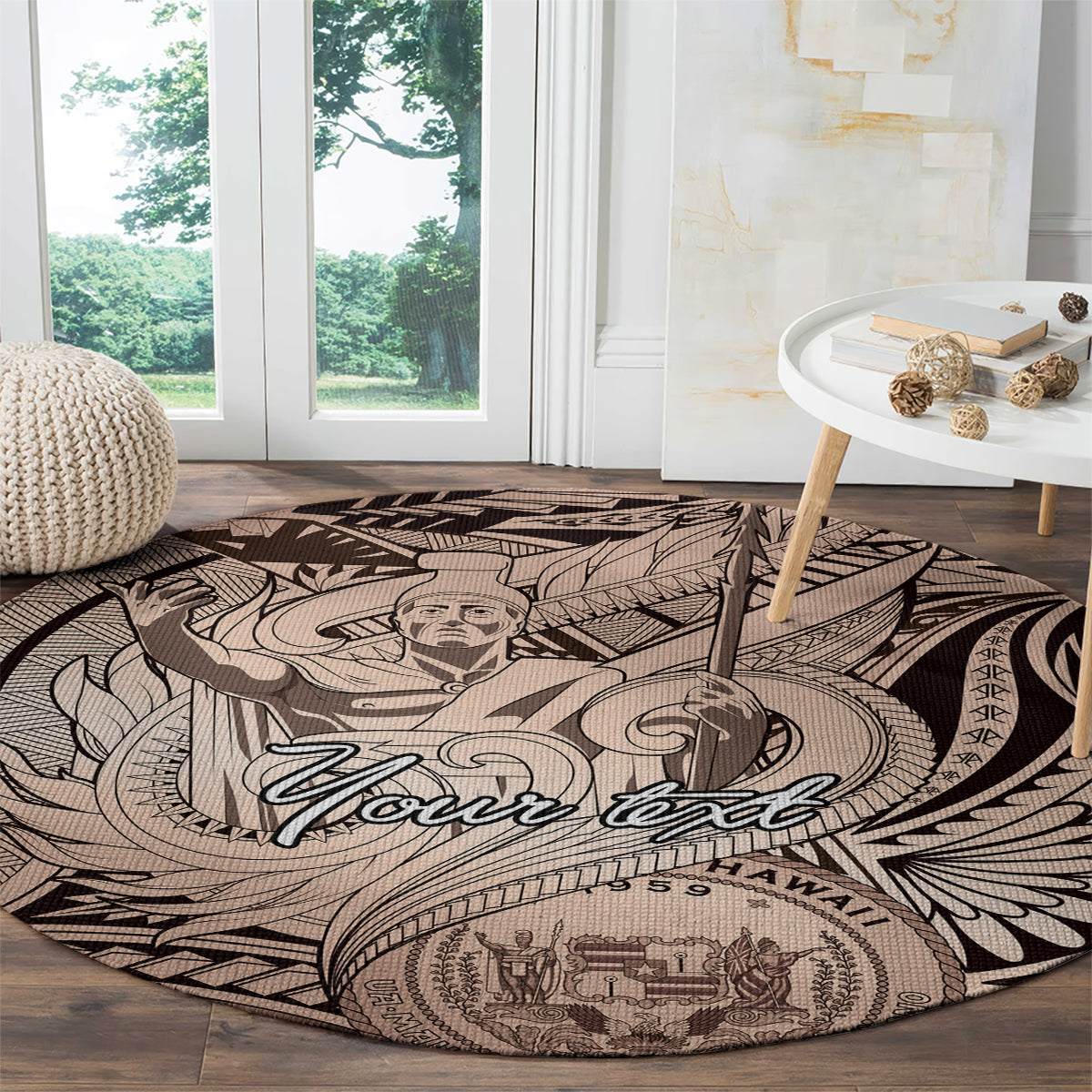 Personalised Aloha King Kamehameha Spirits Round Carpet Beige Special LT9 - Polynesian Pride