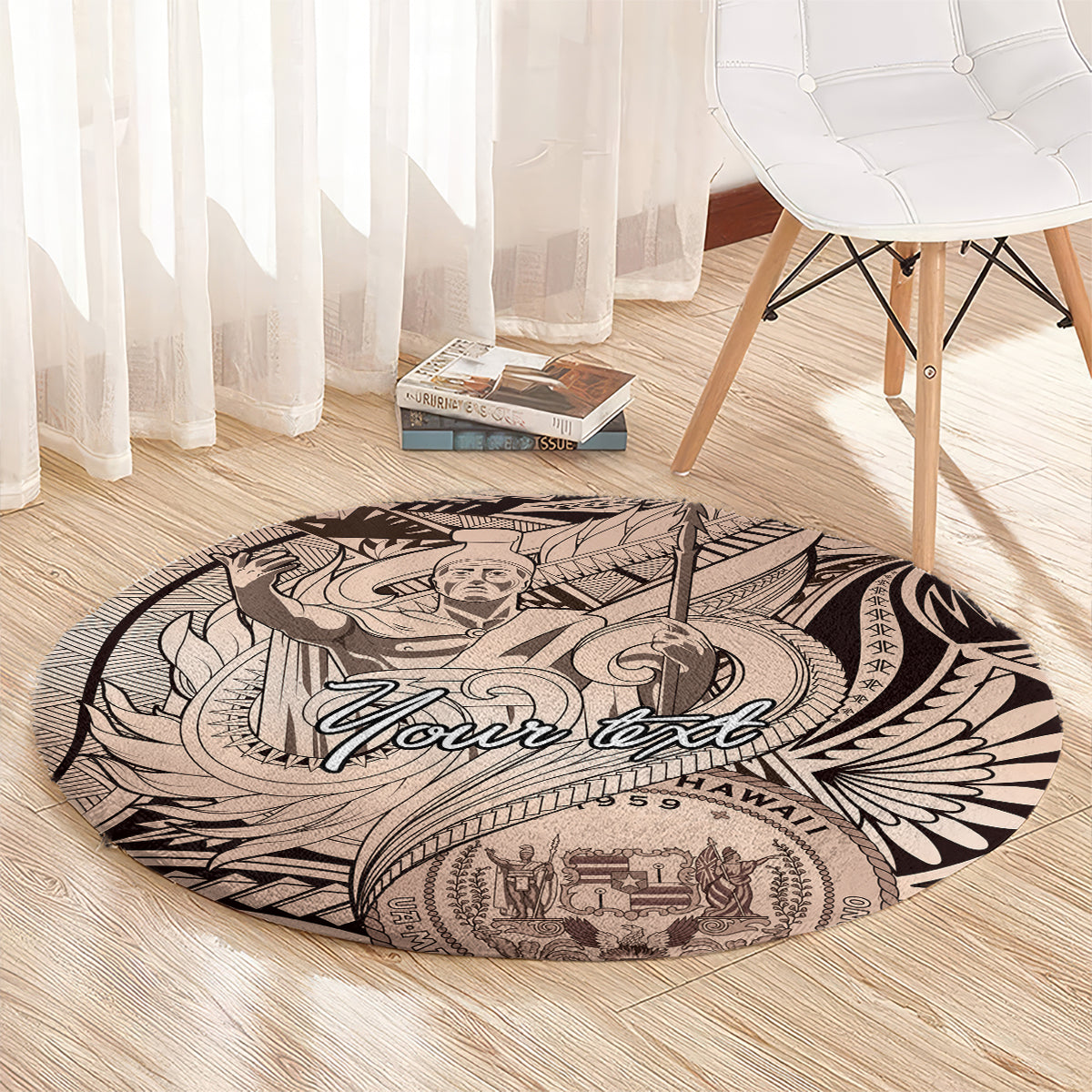Personalised Aloha King Kamehameha Spirits Round Carpet Beige Special LT9 - Polynesian Pride
