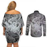 Personalised Aloha King Kamehameha Spirits Couples Matching Off Shoulder Short Dress and Long Sleeve Button Shirt Grey Special LT9 - Polynesian Pride