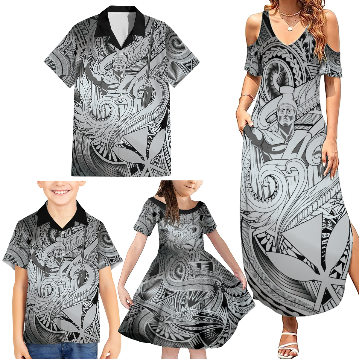 Personalised Aloha King Kamehameha Spirits Family Matching Summer Maxi Dress and Hawaiian Shirt Grey Special LT9 - Polynesian Pride