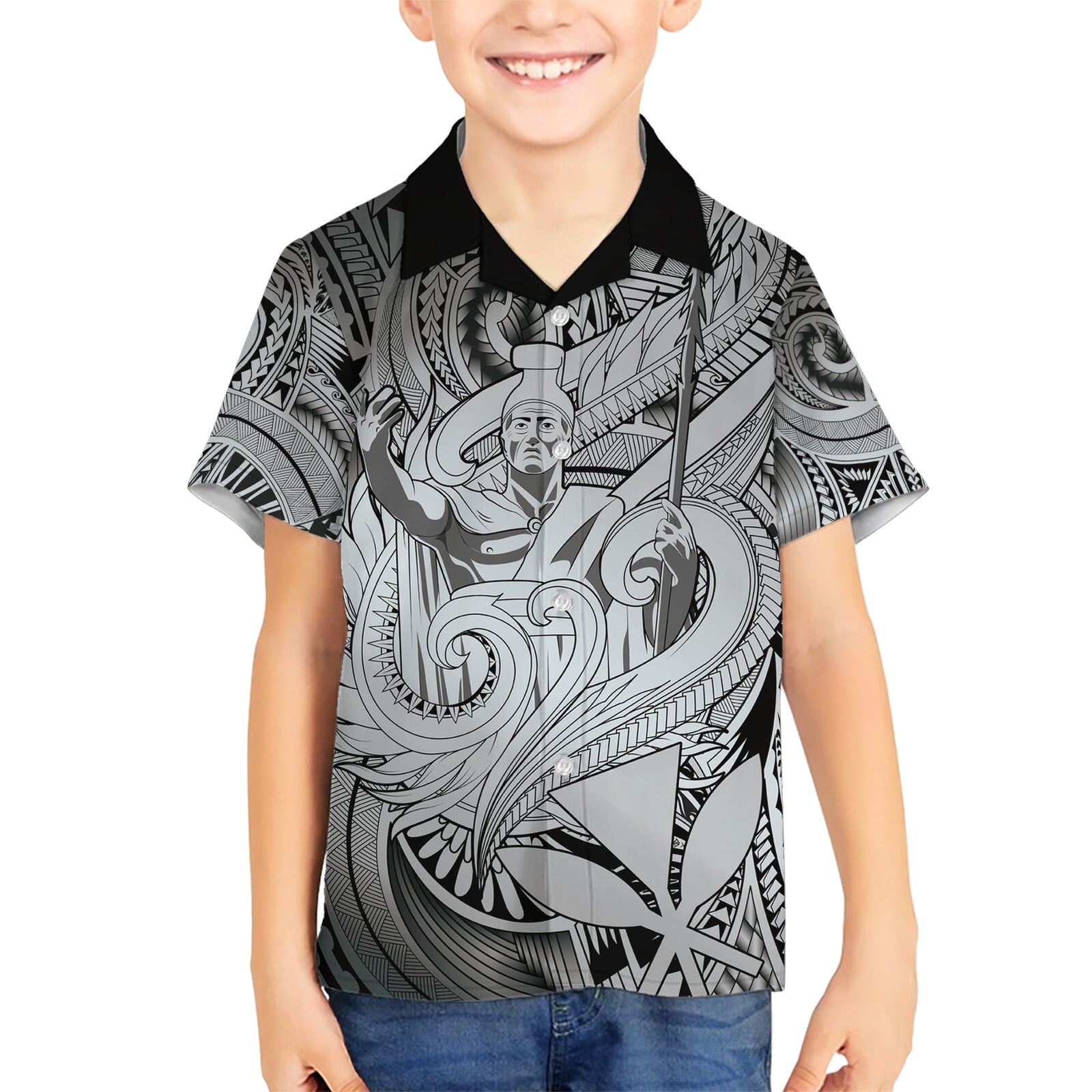 Personalised Aloha King Kamehameha Spirits Kid Hawaiian Shirt Grey Special LT9 Kid Grey - Polynesian Pride