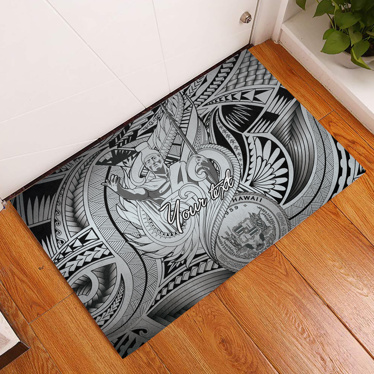 Personalised Aloha King Kamehameha Spirits Rubber Doormat Grey Special LT9 Grey - Polynesian Pride