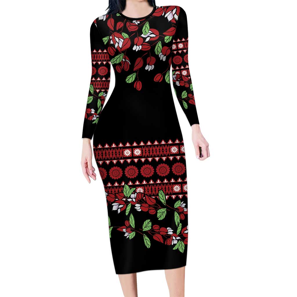 Fiji Masi Bula Tagimoucia Flowers Long Sleeve Bodycon Dress LT9 Long Dress Red - Polynesian Pride
