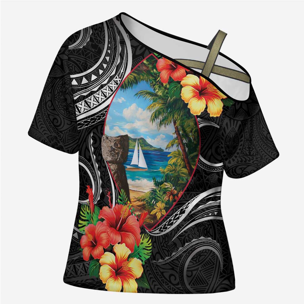 Hafa Adai Guam Cross Shoulder Shirt Guahan Seal Chamorro Stones Tribal LT9 Female Black - Polynesian Pride