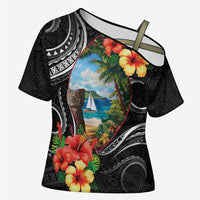 Hafa Adai Guam Cross Shoulder Shirt Guahan Seal Chamorro Stones Tribal LT9 Female Black - Polynesian Pride