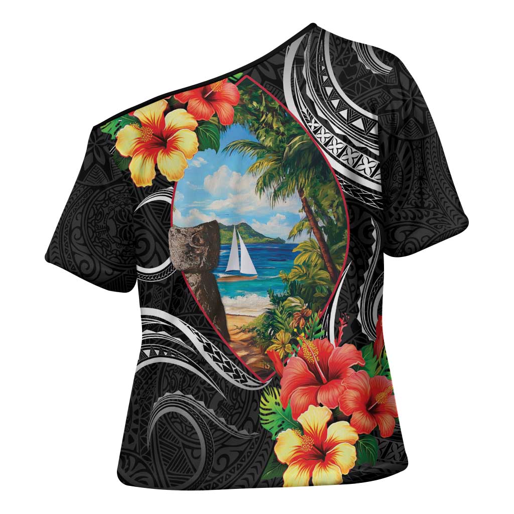 Hafa Adai Guam Cross Shoulder Shirt Guahan Seal Chamorro Stones Tribal LT9 - Polynesian Pride