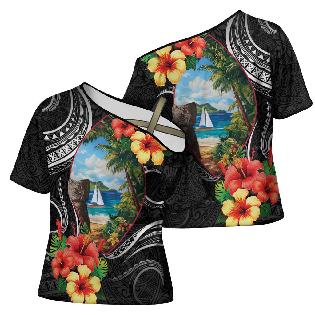 Hafa Adai Guam Cross Shoulder Shirt Guahan Seal Chamorro Stones Tribal LT9 - Polynesian Pride
