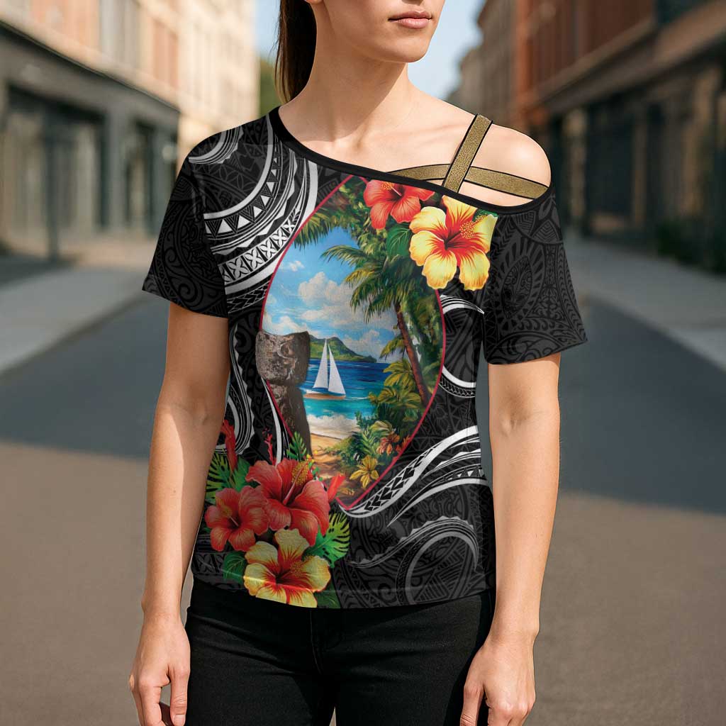 Hafa Adai Guam Cross Shoulder Shirt Guahan Seal Chamorro Stones Tribal LT9 - Polynesian Pride
