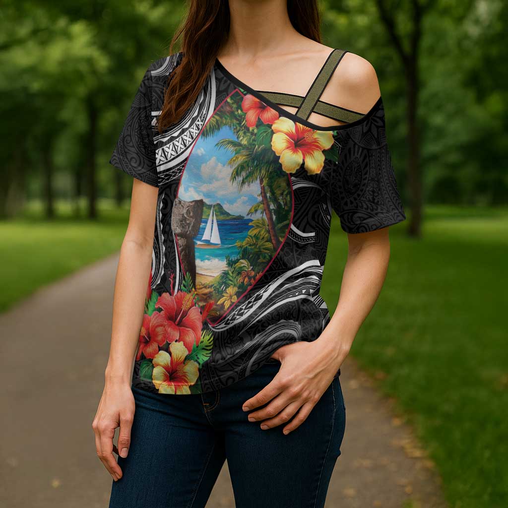 Hafa Adai Guam Cross Shoulder Shirt Guahan Seal Chamorro Stones Tribal LT9 - Polynesian Pride