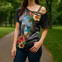 Hafa Adai Guam Cross Shoulder Shirt Guahan Seal Chamorro Stones Tribal LT9 - Polynesian Pride