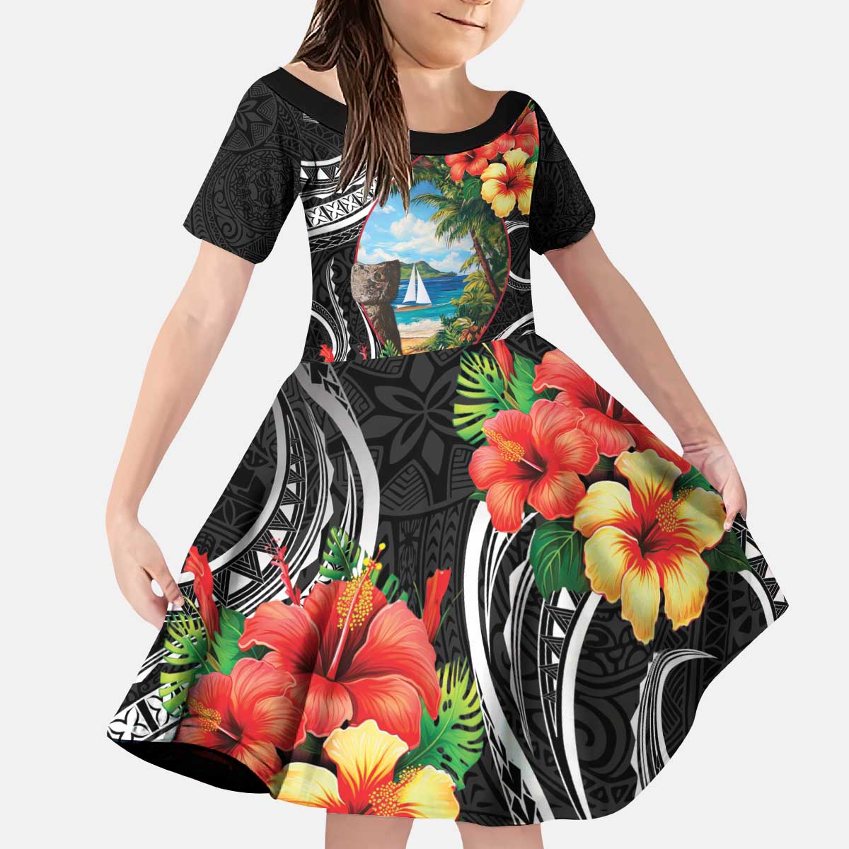 Hafa Adai Guam Kid Short Sleeve Dress Guahan Seal Chamorro Stones Tribal LT9 KID Black - Polynesian Pride
