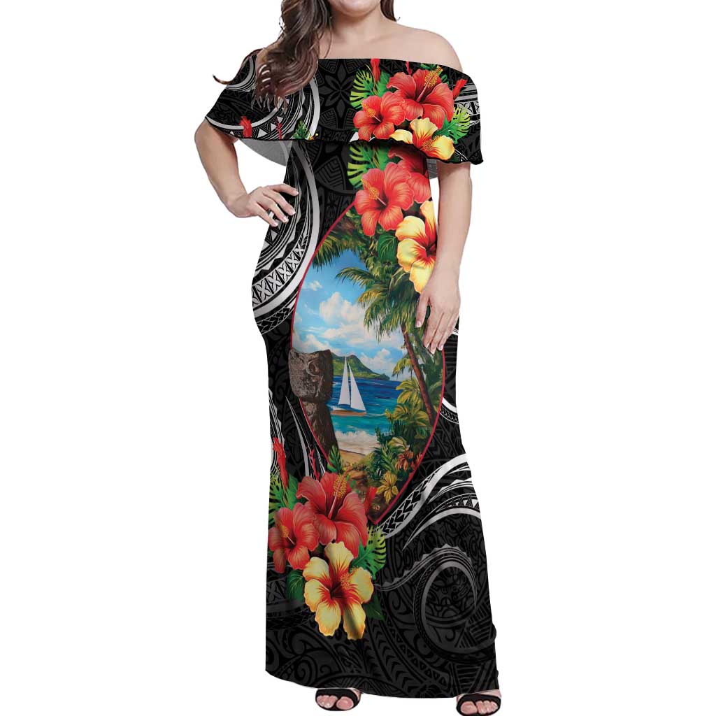 Hafa Adai Guam Off Shoulder Maxi Dress Guahan Seal Chamorro Stones Tribal LT9 Women Black - Polynesian Pride