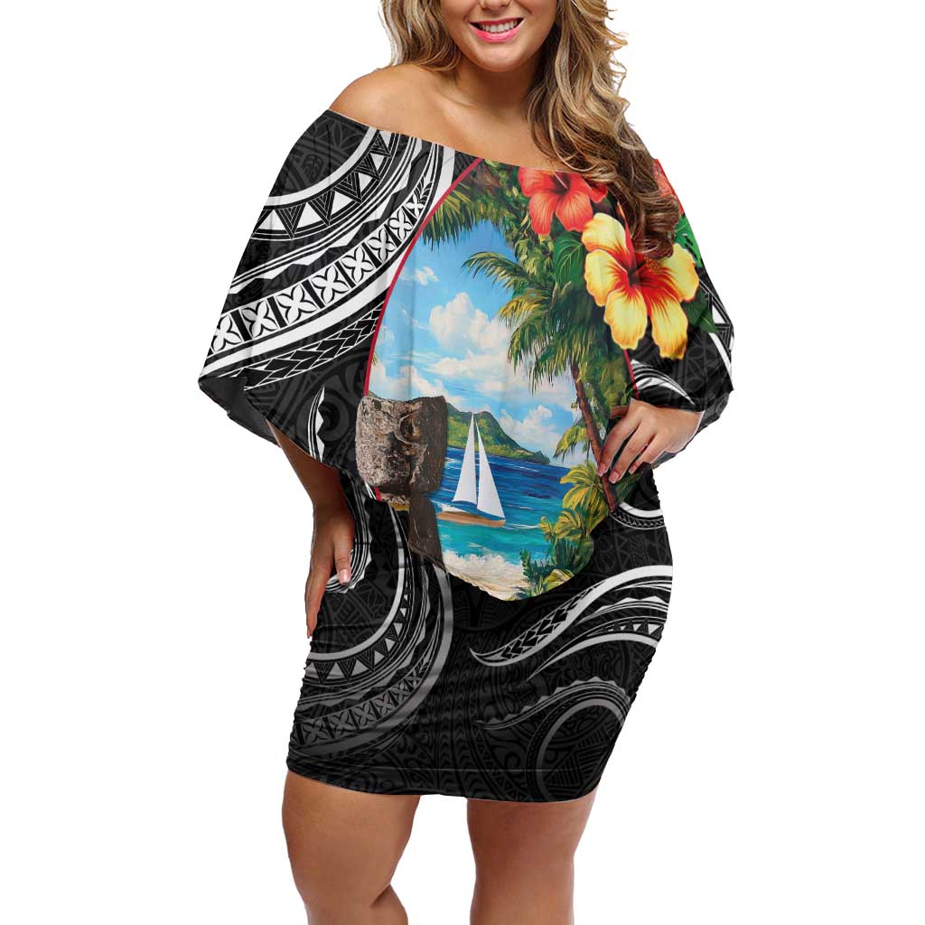 Hafa Adai Guam Off Shoulder Short Dress Guahan Seal Chamorro Stones Tribal LT9 Women Black - Polynesian Pride