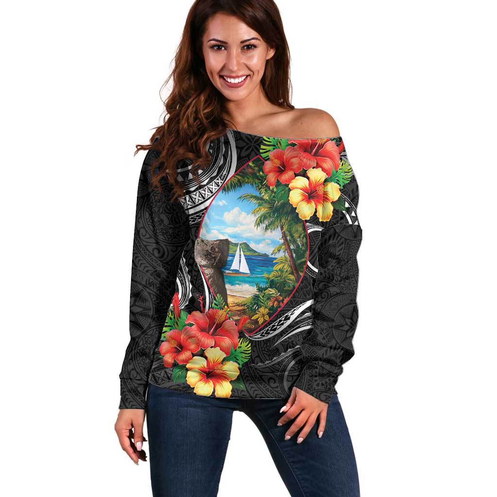 Hafa Adai Guam Off Shoulder Sweater Guahan Seal Chamorro Stones Tribal LT9 Women Black - Polynesian Pride