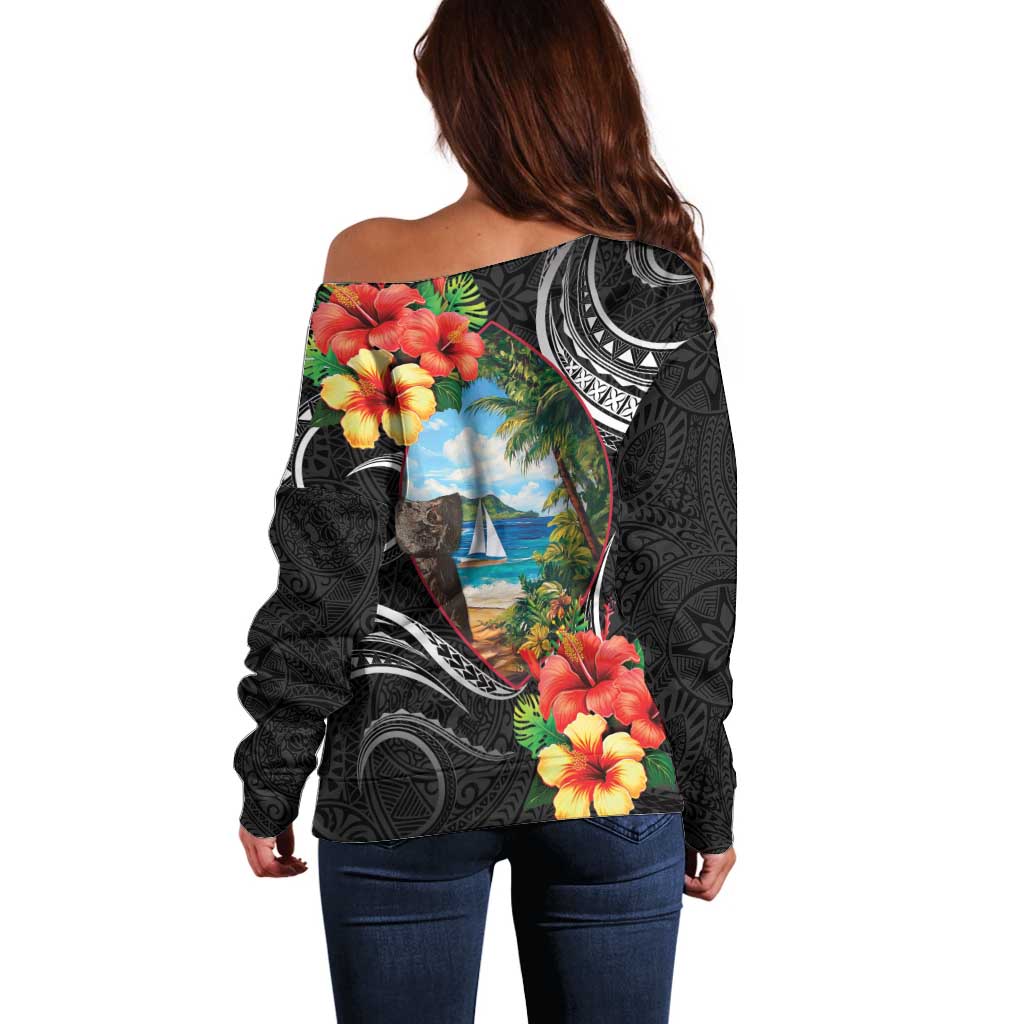 Hafa Adai Guam Off Shoulder Sweater Guahan Seal Chamorro Stones Tribal LT9 - Polynesian Pride