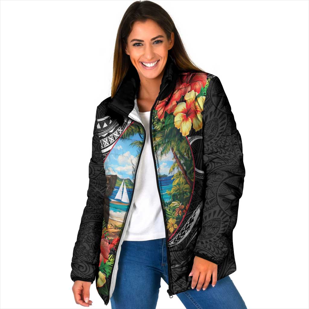 Hafa Adai Guam Padded Jacket Guahan Seal Chamorro Stones Tribal LT9 Women Black - Polynesian Pride