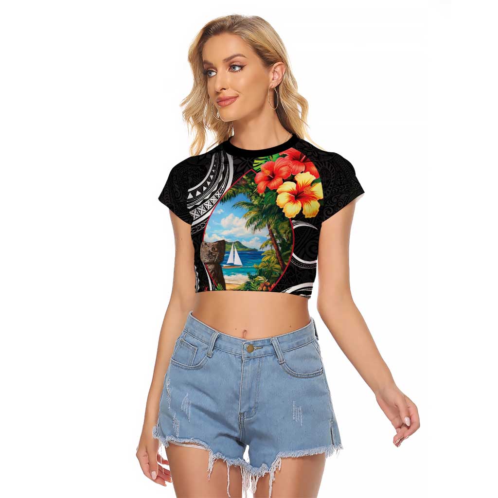 Hafa Adai Guam Raglan Cropped T Shirt Guahan Seal Chamorro Stones Tribal LT9 Female Black - Polynesian Pride