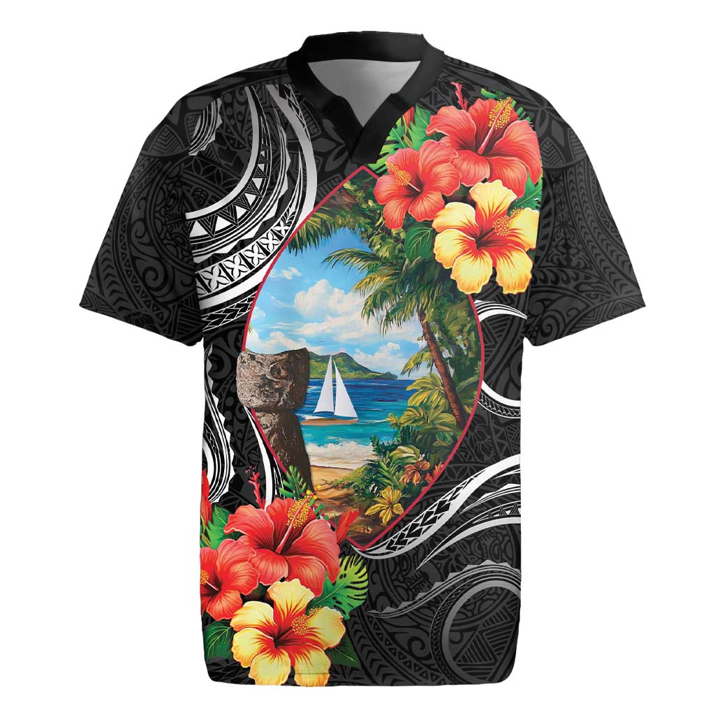 Hafa Adai Guam Rugby Jersey Guahan Seal Chamorro Stones Tribal LT9 Black - Polynesian Pride