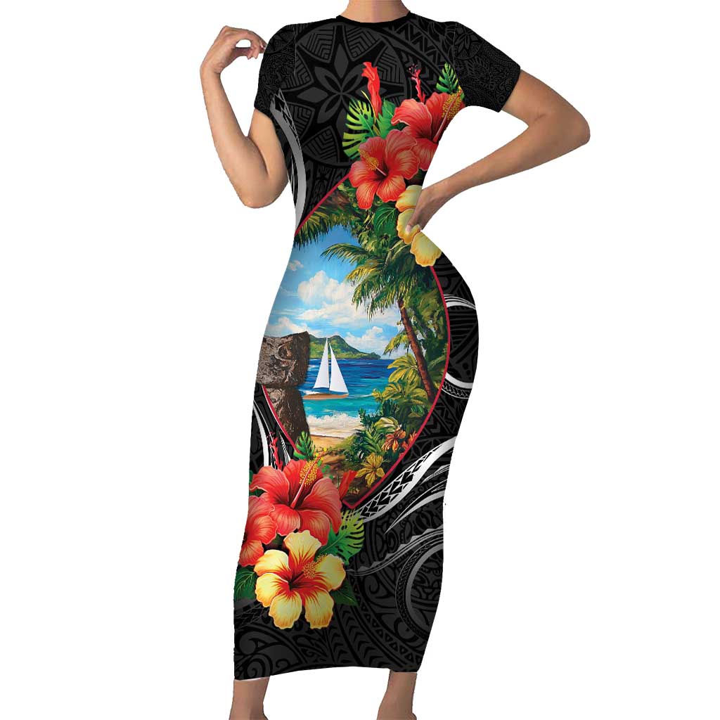 Hafa Adai Guam Short Sleeve Bodycon Dress Guahan Seal Chamorro Stones Tribal LT9 Long Dress Black - Polynesian Pride