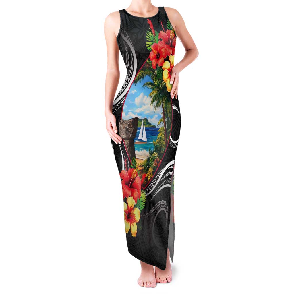 Hafa Adai Guam Tank Maxi Dress Guahan Seal Chamorro Stones Tribal LT9 Women Black - Polynesian Pride