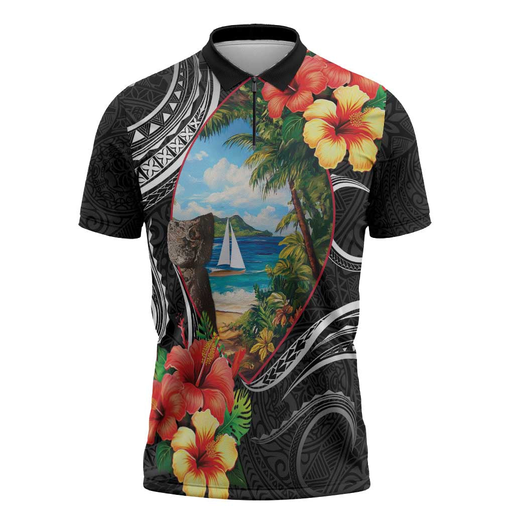 Hafa Adai Guam Zipper Polo Shirt Guahan Seal Chamorro Stones Tribal LT9 Black - Polynesian Pride