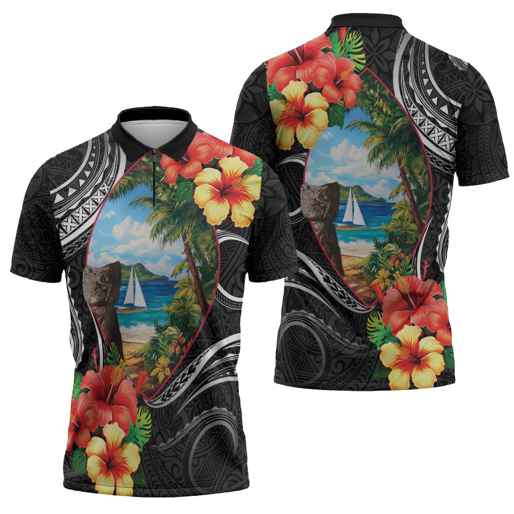 Hafa Adai Guam Zipper Polo Shirt Guahan Seal Chamorro Stones Tribal LT9 - Polynesian Pride