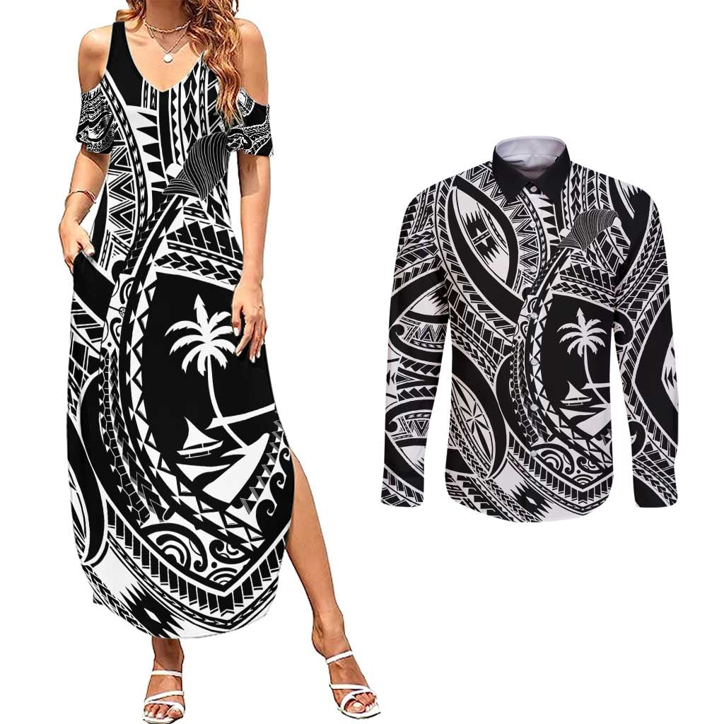 Hafa Adai Guam Inspired Tattoo Couples Matching Summer Maxi Dress and Long Sleeve Button Shirt LT9 Black - Polynesian Pride