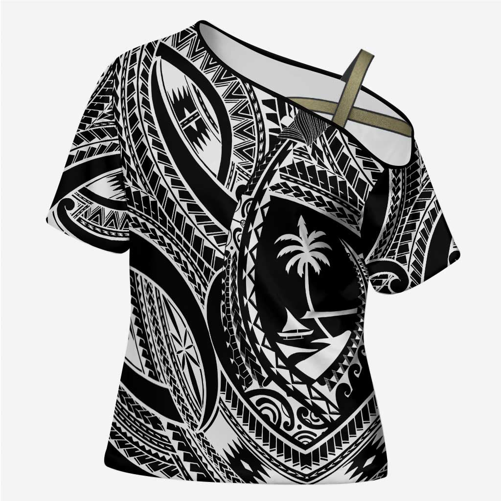 Hafa Adai Guam Inspired Tattoo Cross Shoulder Shirt LT9 Female Black - Polynesian Pride